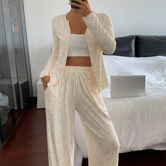 Beige Casual Women's Polka Dot Long Sleeve Button-Up Pajama Set - Picture 5 of 7